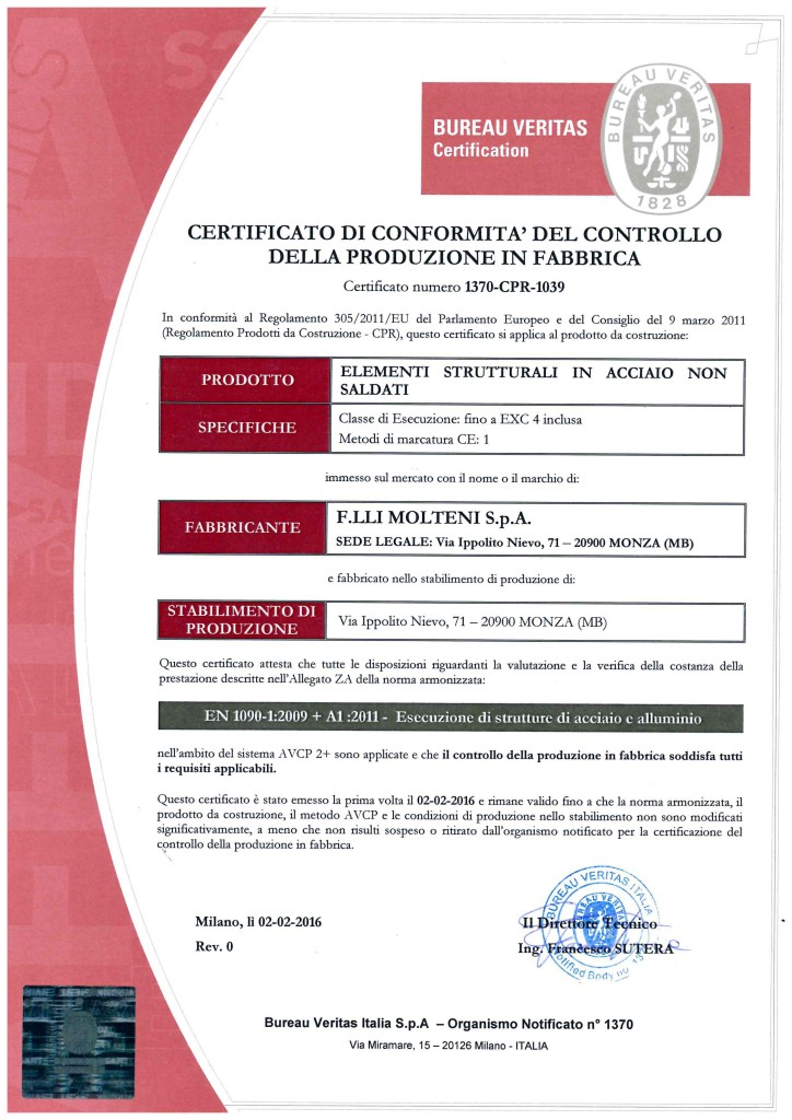 Certificato EN 1090-1 di F.lli Molteni pubblicato sul sito aziendale